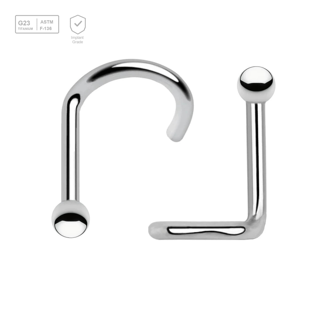 Wholesale Nose Jewelry Pack of 10 Titanium G23 nose screws, thickness 1mm, Ball size 2mm - G23 ASTM F-136 implant grade titanium body jewelry