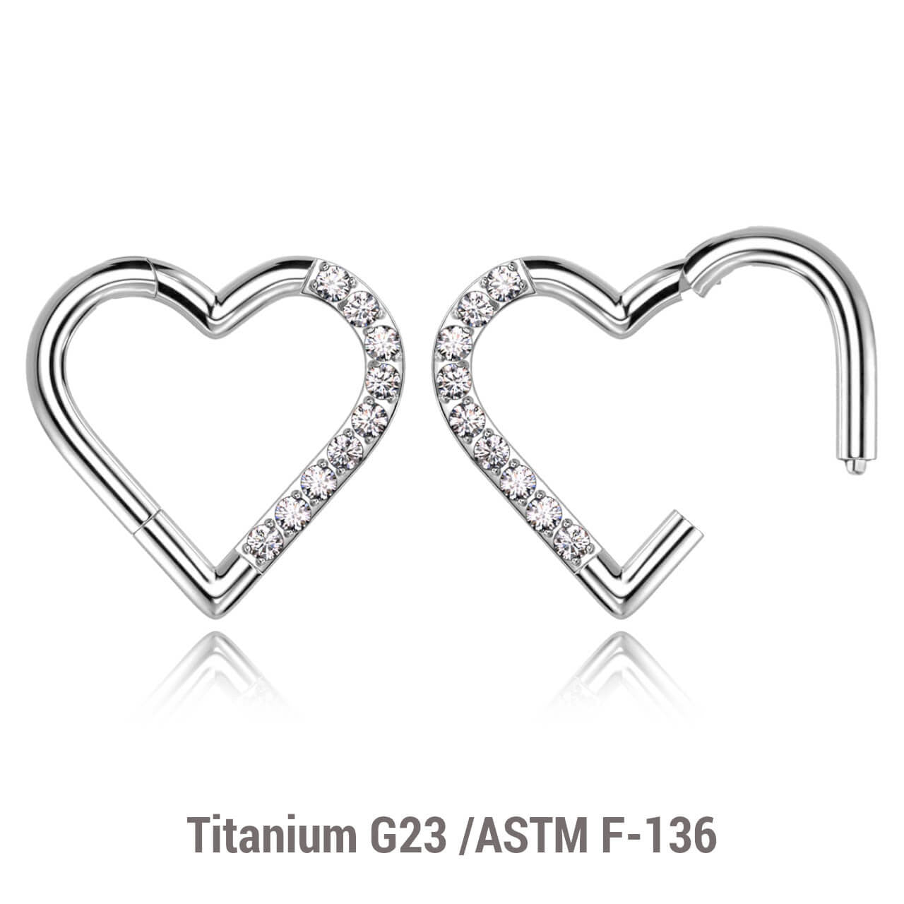 Pack of 3 Titanium hinged segment rings in heart shape with CZ studded front, Thickness 1.2mm