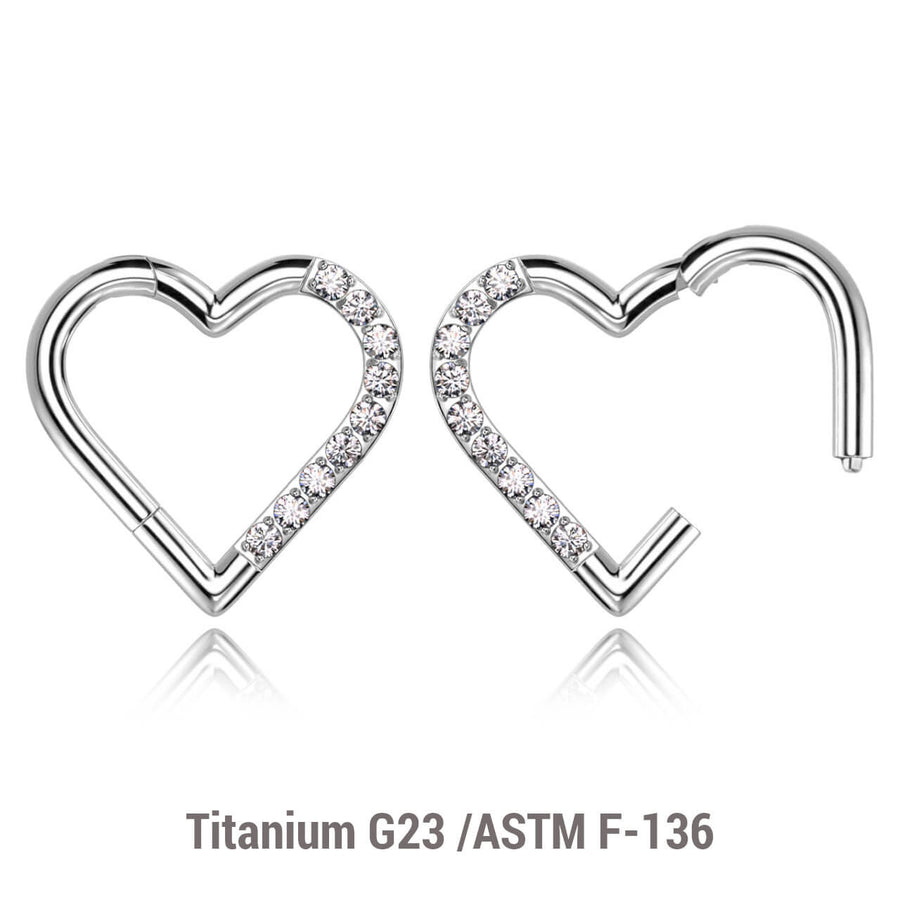 Pack of 3 Titanium hinged segment rings in heart shape with CZ studded front, Thickness 1.2mm