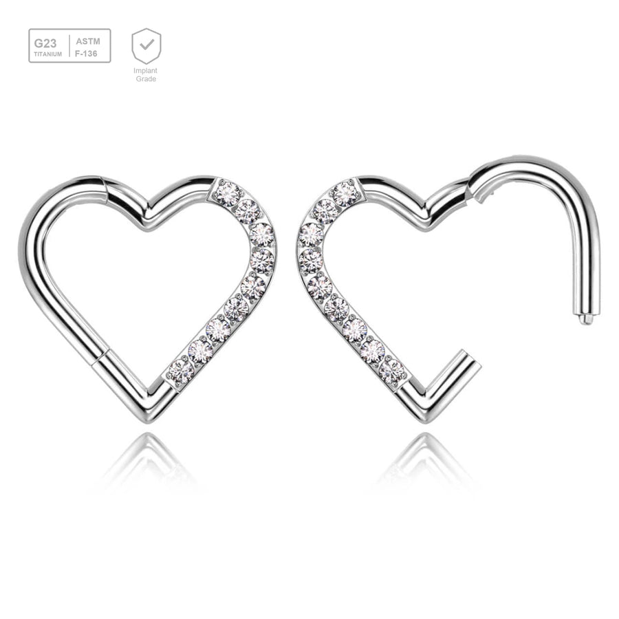 Pack of 3 Titanium hinged segment rings in heart shape with CZ studded front, Thickness 1.2mm - G23 ASTM F-136 implant grade titanium body jewelry