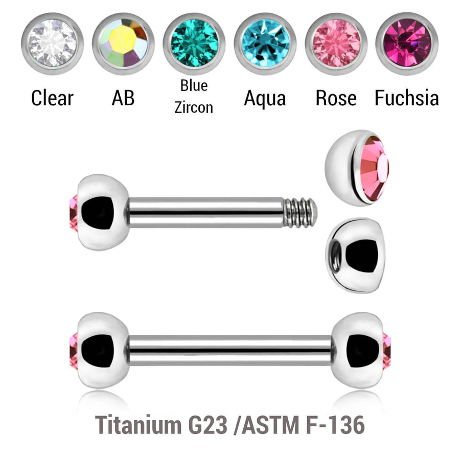 Pack of 10 Titanium helix or eyebrow barbells, Thickness 1.2mm, with two 3mm half balls with a bezel set crystal