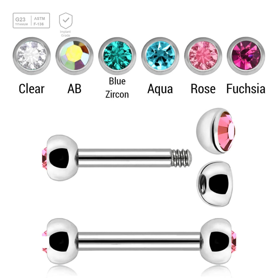 Pack of 10 Titanium helix or eyebrow barbells, Thickness 1.2mm, with two 3mm half balls with a bezel set crystal - G23 ASTM F-136 implant grade titanium body jewelry