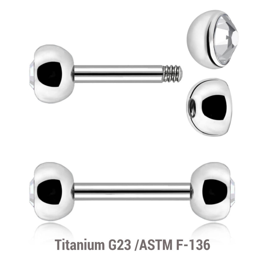 Pack of 10 Titanium helix or eyebrow barbells, Thickness 1.2mm, with two 4mm half balls with a bezel set crystal