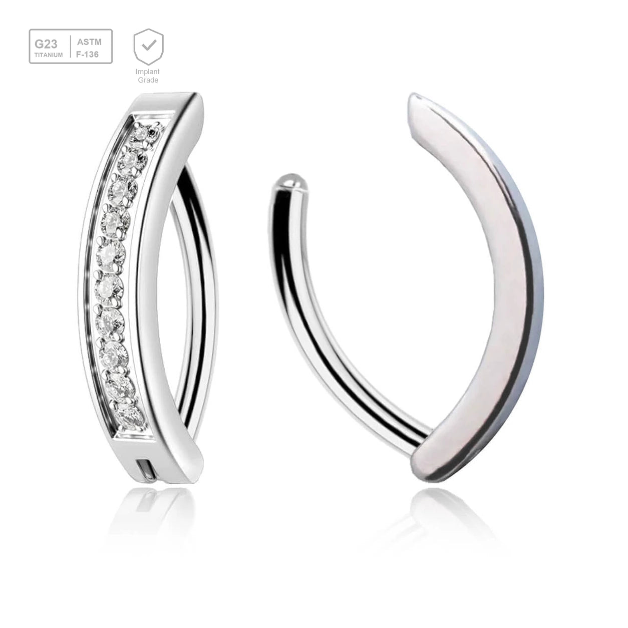 Pack of 3 Titanium hinged belly bananas with forward facing round CZ stones, Thickness 1.6mm - G23 ASTM F-136 implant grade titanium body jewelry