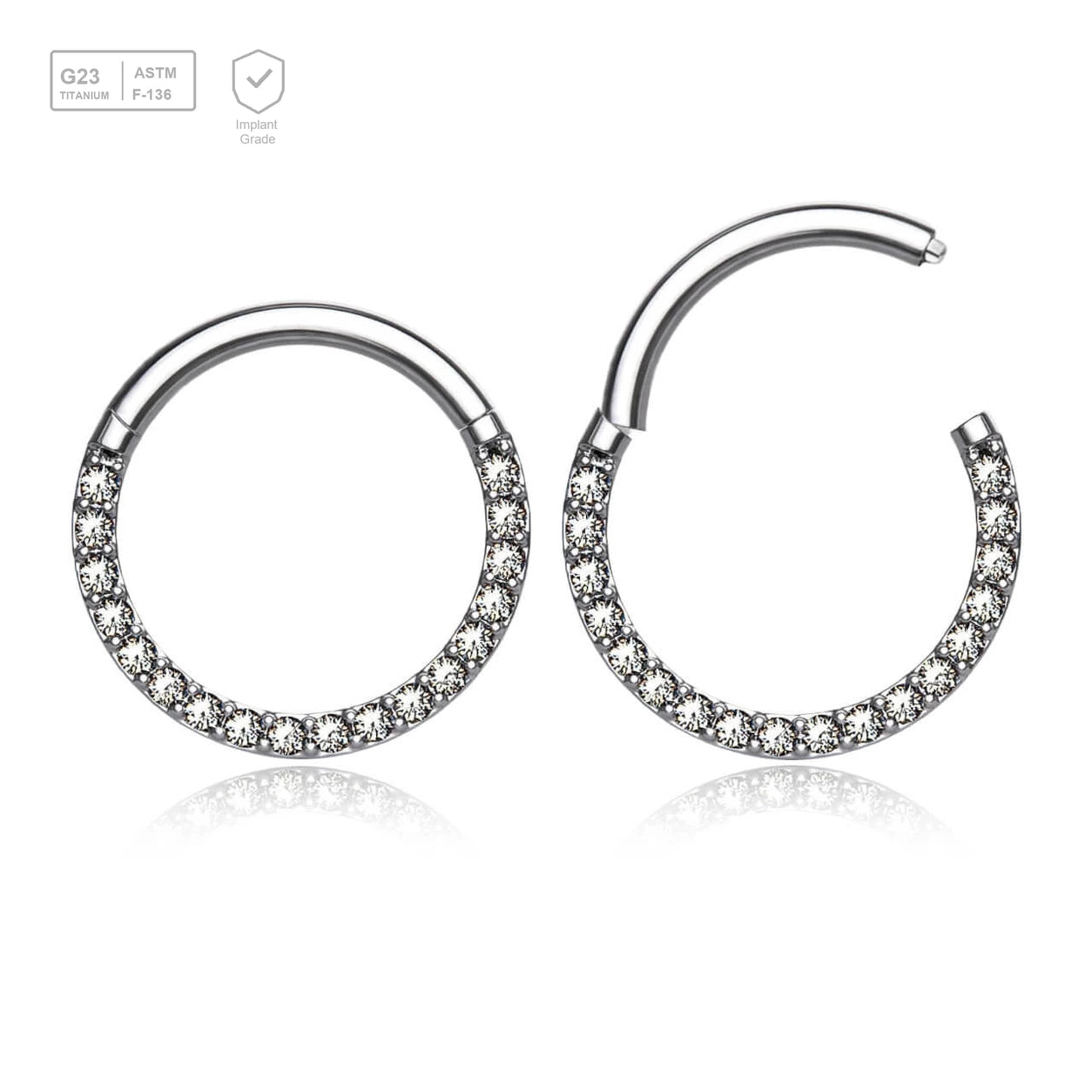 Wholesale Pack of 5 Titanium G23 hinged septum segment rings with forward facing prong set CZ, Thickness 1.2mm - G23 ASTM F-136 implant grade titanium body jewelry