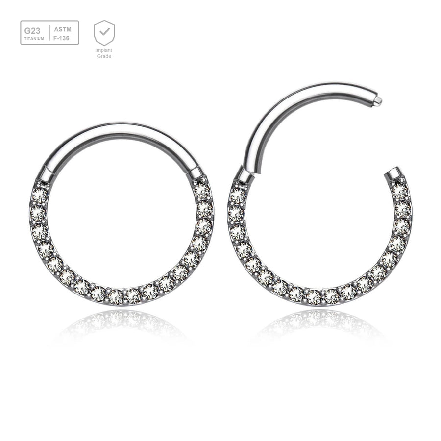 Wholesale Pack of 5 Titanium G23 hinged septum segment rings with forward facing prong set CZ, Thickness 1.2mm - G23 ASTM F-136 implant grade titanium body jewelry