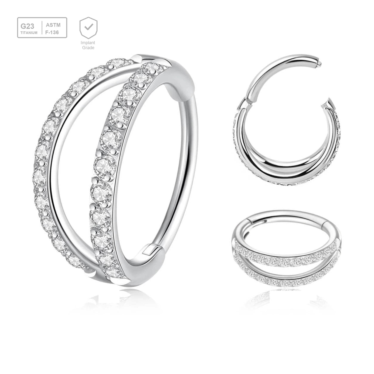 Pack of 3 Titanium hinged segment rings with a double hoop design with outward facing CZ stones, Thickness 1.2mm - G23 ASTM F-136 implant grade titanium body jewelry