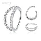 Pack of 3 Titanium hinged segment rings with a double hoop design with outward facing CZ stones, Thickness 1.2mm - G23 ASTM F-136 implant grade titanium body jewelry