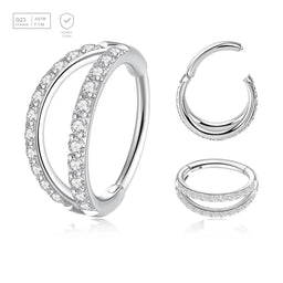 Pack of 3 Titanium hinged segment rings with a double hoop design with outward facing CZ stones, Thickness 1.2mm - G23 ASTM F-136 implant grade titanium body jewelry