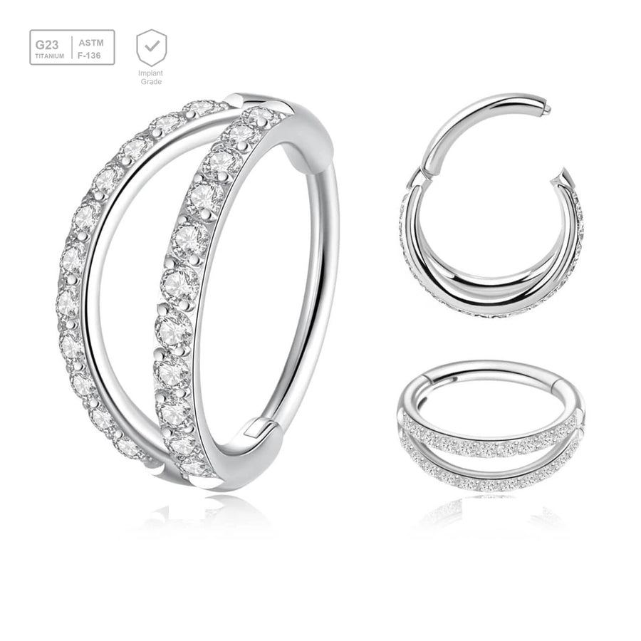 Pack of 3 Titanium hinged segment rings with a double hoop design with outward facing CZ stones, Thickness 1.2mm - G23 ASTM F-136 implant grade titanium body jewelry