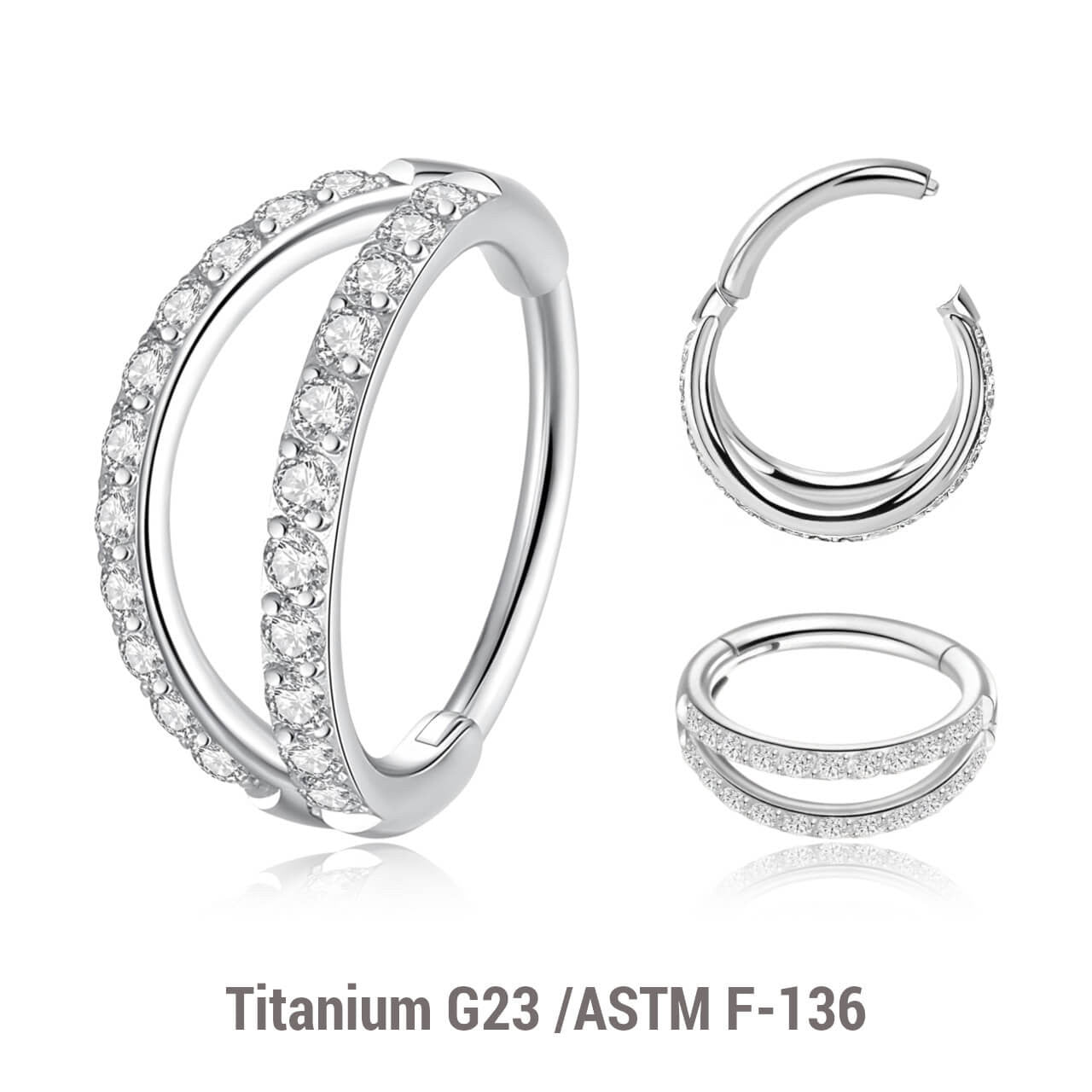 Pack of 3 Titanium hinged segment rings with a double hoop design with outward facing CZ stones, Thickness 1.2mm