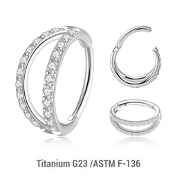 Pack of 3 Titanium hinged segment rings with a double hoop design with outward facing CZ stones, Thickness 1.2mm