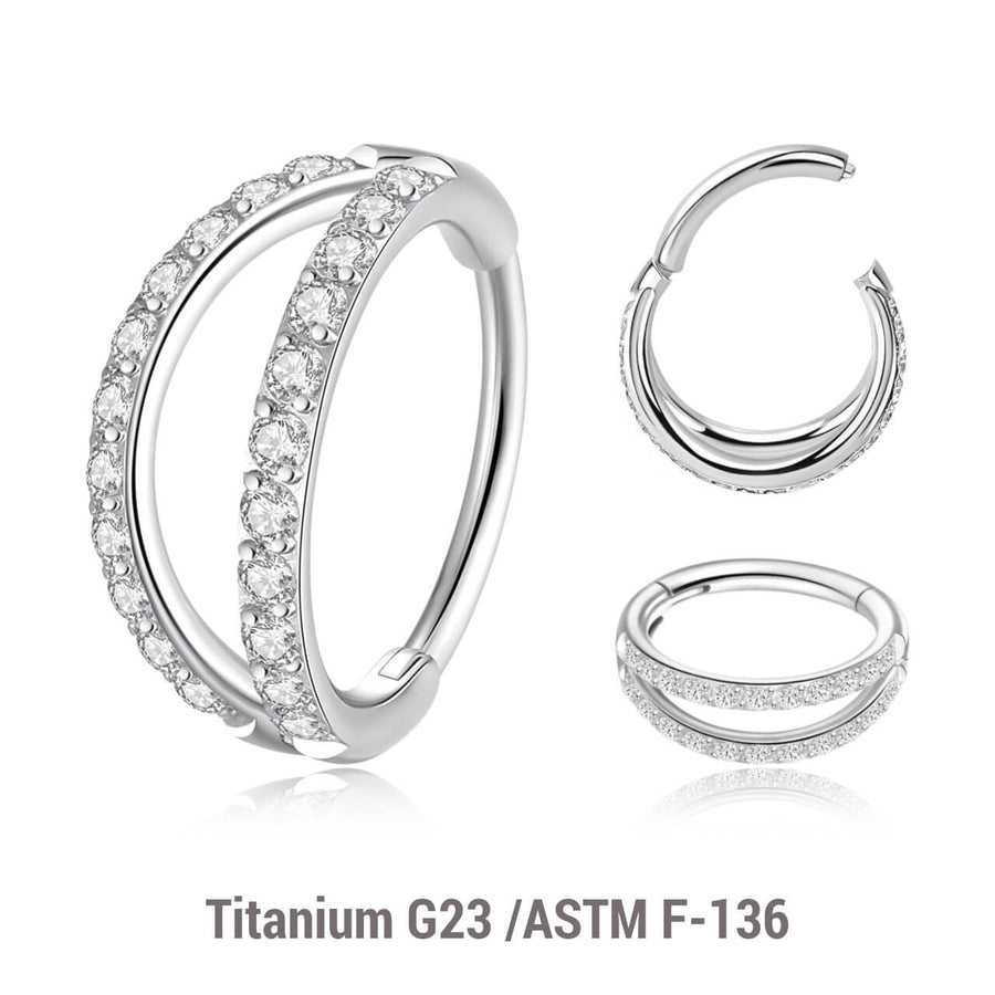 Pack of 3 Titanium hinged segment rings with a double hoop design with outward facing CZ stones, Thickness 1.2mm