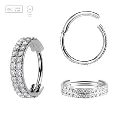 Pack of 3 Titanium hinged segment rings with a double line of outward facing prong set CZ stones, Thickness 1.2mm - G23 ASTM F-136 implant grade titanium body jewelry
