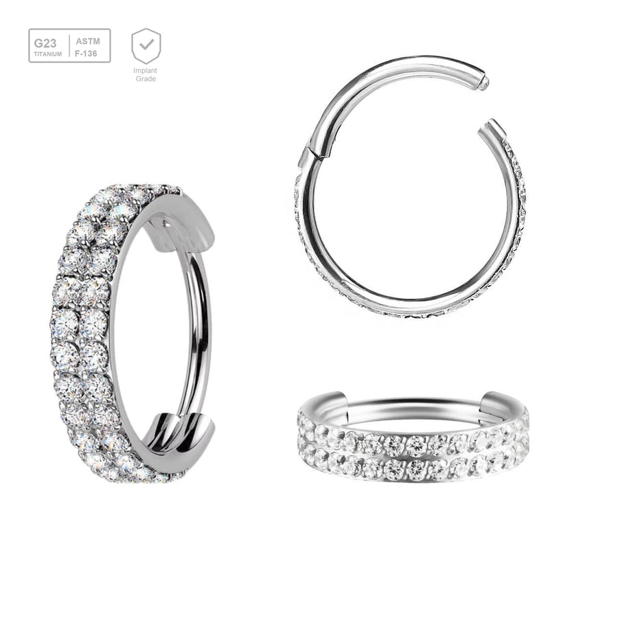 Pack of 3 Titanium hinged segment rings with a double line of outward facing prong set CZ stones, Thickness 1.2mm - G23 ASTM F-136 implant grade titanium body jewelry