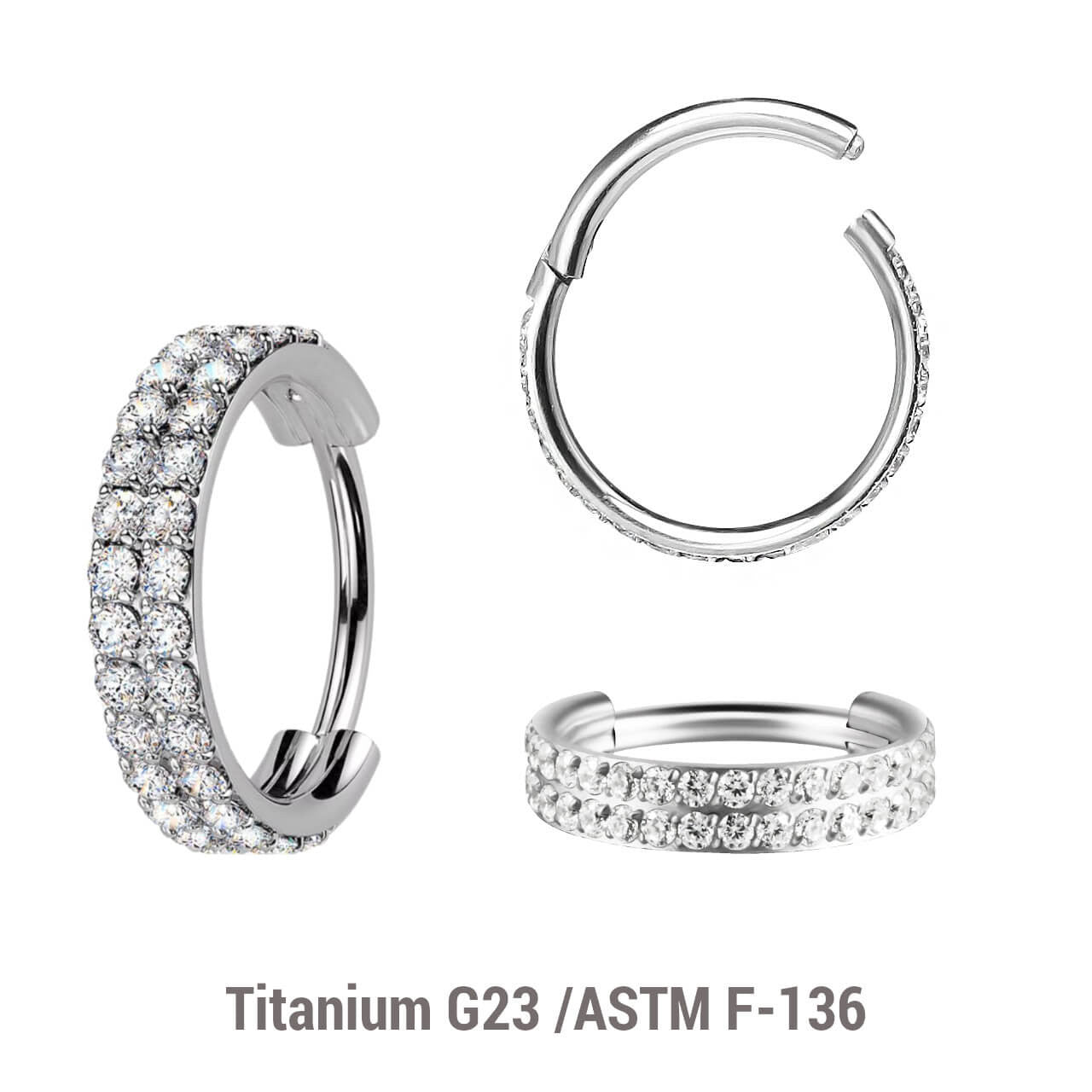 Pack of 3 Titanium hinged segment rings with a double line of outward facing prong set CZ stones, Thickness 1.2mm