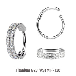 Pack of 3 Titanium hinged segment rings with a double line of outward facing prong set CZ stones, Thickness 1.2mm