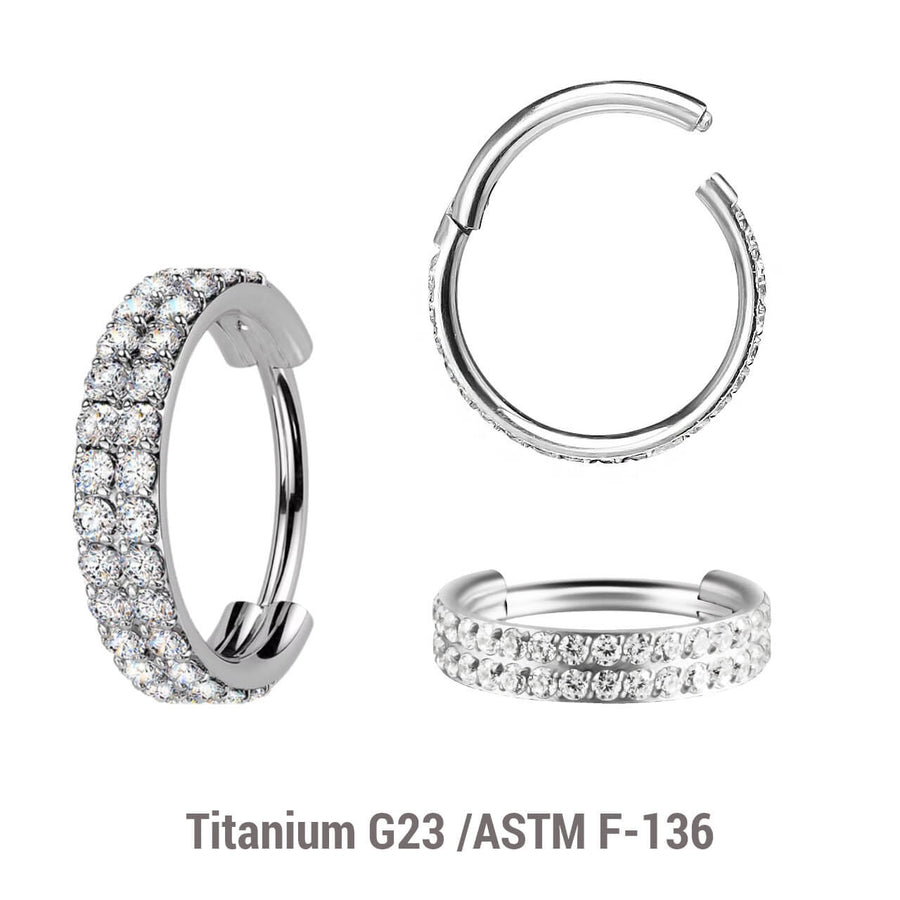 Pack of 3 Titanium hinged segment rings with a double line of outward facing prong set CZ stones, Thickness 1.2mm