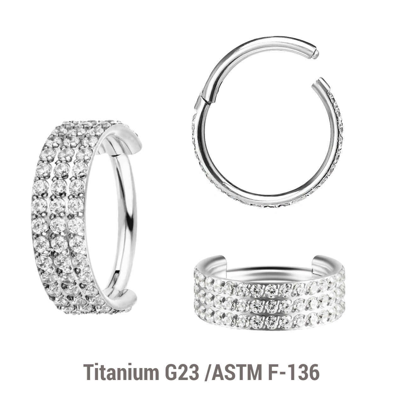 Pack of 3 Titanium hinged segment rings with a triple line of outward facing prong set CZ stones, Thickness 1.2mm