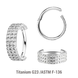 Pack of 3 Titanium hinged segment rings with a triple line of outward facing prong set CZ stones, Thickness 1.2mm