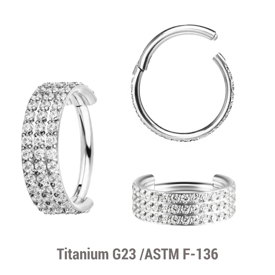 Pack of 3 Titanium hinged segment rings with a triple line of outward facing prong set CZ stones, Thickness 1.2mm