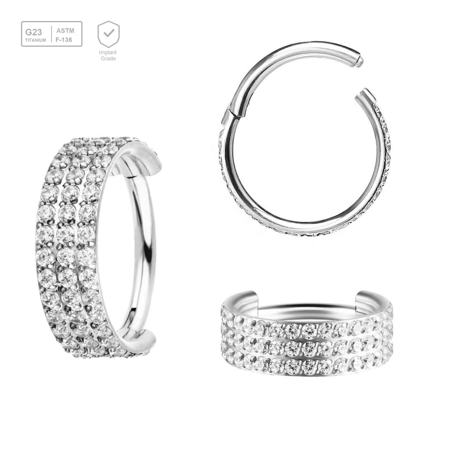 Pack of 3 Titanium hinged segment rings with a triple line of outward facing prong set CZ stones, Thickness 1.2mm - G23 ASTM F-136 implant grade titanium body jewelry