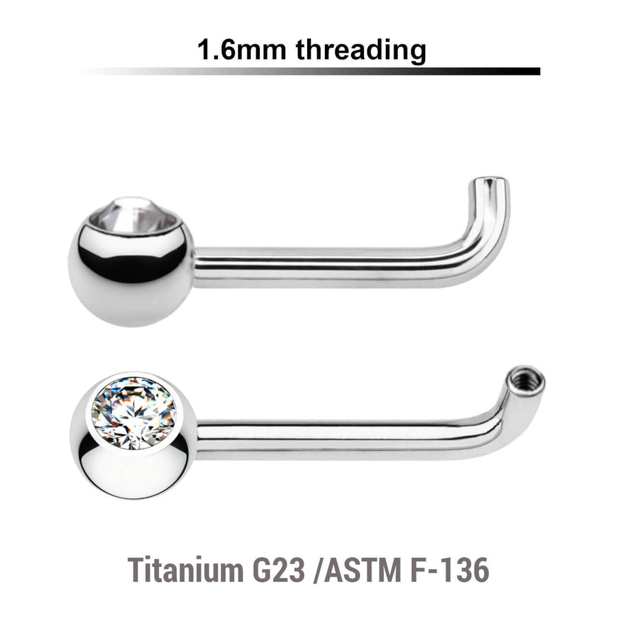 Pack of 5 titanium internally threaded Christina barbell post with a rise of 2.5mm, and one 5mm upward facing bezel set jewel ball, thickness 1.6mm