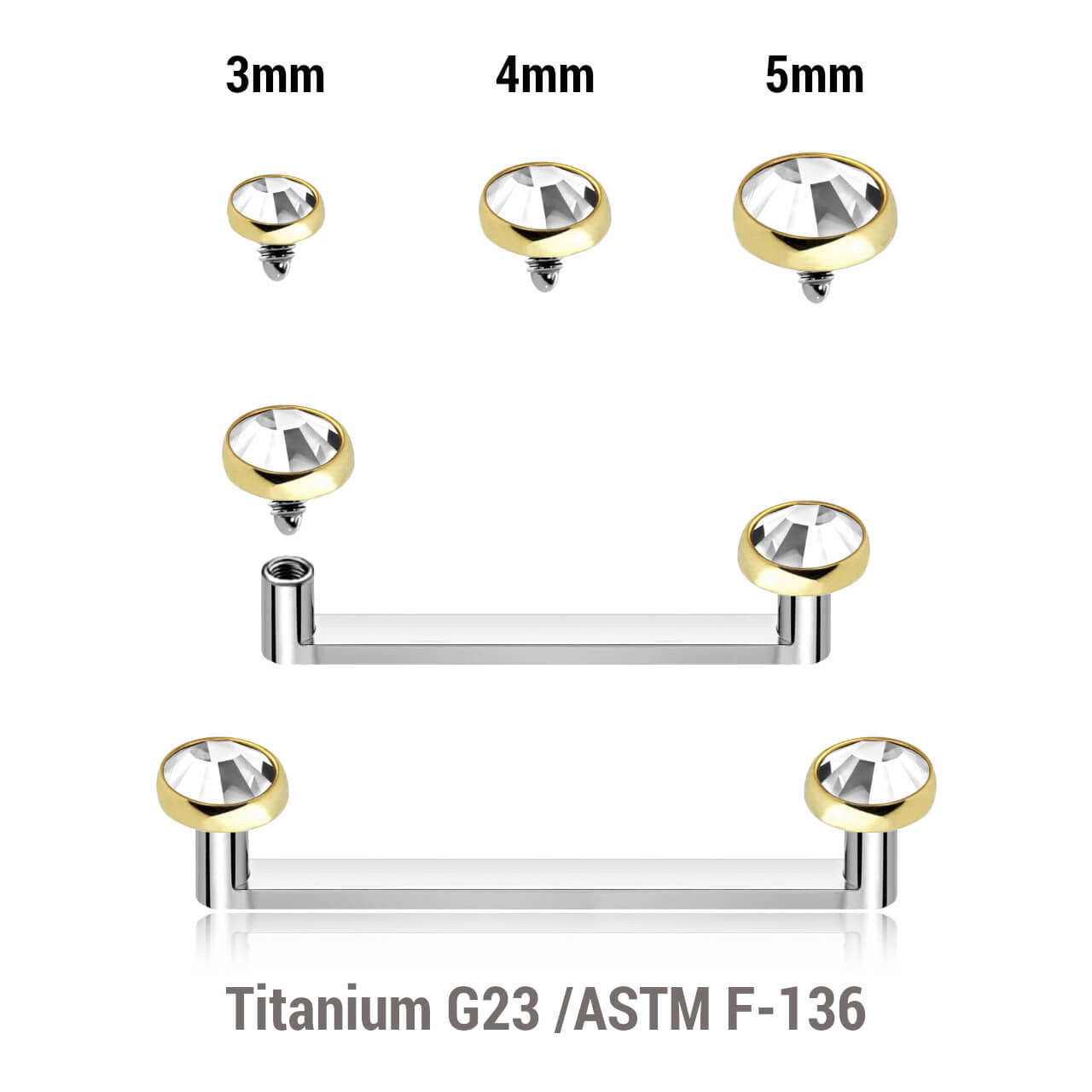 Pack of 5 high polished titanium internally threaded flat surface barbells with a 90 degree angle and 2mm height, thickness 1.6mm and gold PVD plated flat jewel tops with clear crystals