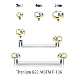 Pack of 5 high polished titanium internally threaded flat surface barbells with a 90 degree angle and 2mm height, thickness 1.6mm and gold PVD plated flat jewel tops with clear crystals