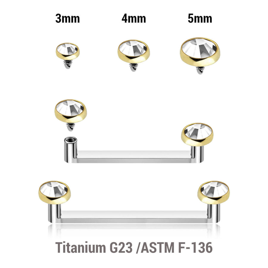 Pack of 5 high polished titanium internally threaded flat surface barbells with a 90 degree angle and 2mm height, thickness 1.6mm and gold PVD plated flat jewel tops with clear crystals