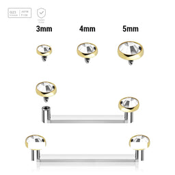 Pack of 5 high polished titanium internally threaded flat surface barbells with a 90 degree angle and 2mm height, thickness 1.6mm and gold PVD plated flat jewel tops with clear crystals - G23 ASTM F-136 implant grade titanium body jewelry