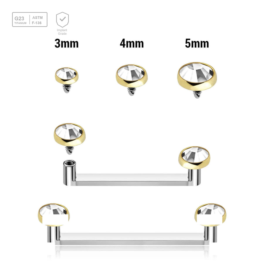 Pack of 5 high polished titanium internally threaded flat surface barbells with a 90 degree angle and 2mm height, thickness 1.6mm and gold PVD plated flat jewel tops with clear crystals - G23 ASTM F-136 implant grade titanium body jewelry