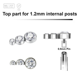 Pack of 5 Titanium Internally threaded labret tops 3 small round disk with bezel set crystals, Thread size 0.9mm - G23 ASTM F-136 implant grade titanium body jewelry