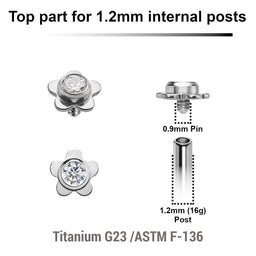 Pack of 5 high polished titanium Internally threaded labret tops in a flat flower shape with a single bezel set central crystal