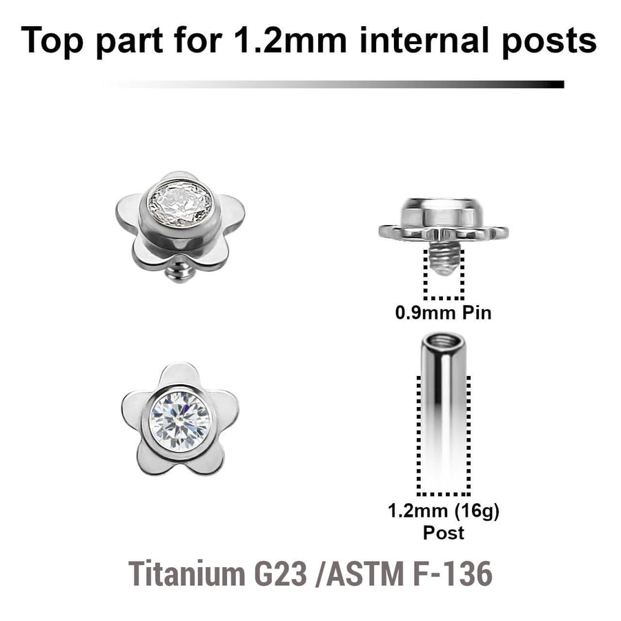 Pack of 5 high polished titanium Internally threaded labret tops in a flat flower shape with a single bezel set central crystal