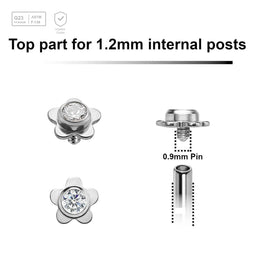 Pack of 5 high polished titanium Internally threaded labret tops in a flat flower shape with a single bezel set central crystal - G23 ASTM F-136 implant grade titanium body jewelry