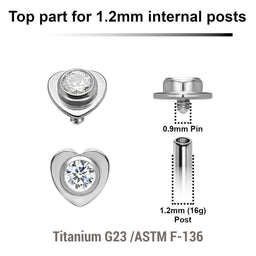 Pack of 5 high polished titanium Internally threaded labret tops in a flat heart shape with a single bezel set central crystal