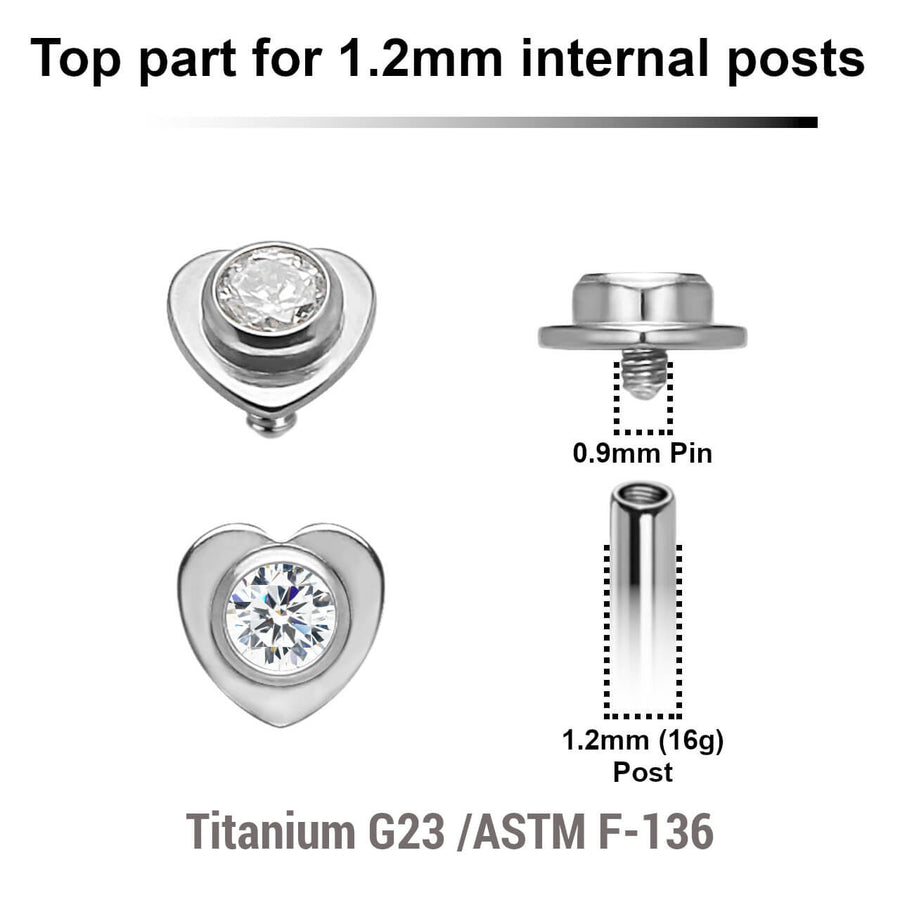 Pack of 5 high polished titanium Internally threaded labret tops in a flat heart shape with a single bezel set central crystal