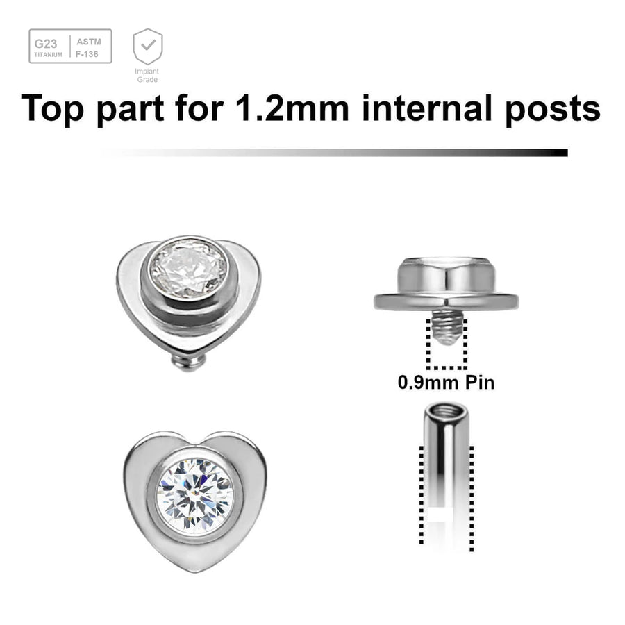 Pack of 5 high polished titanium Internally threaded labret tops in a flat heart shape with a single bezel set central crystal - G23 ASTM F-136 implant grade titanium body jewelry