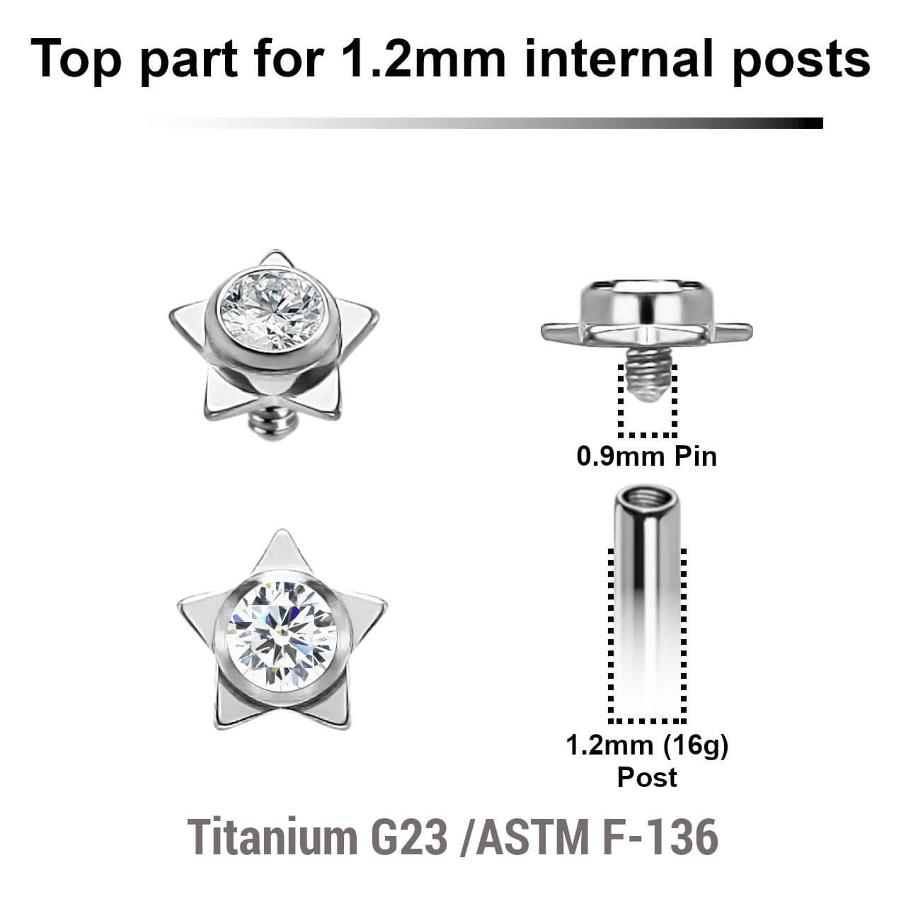 Pack of 5 high polished titanium Internally threaded labret tops in a flat star shape with a single bezel set central crystal