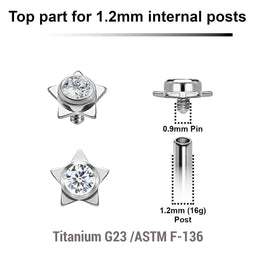 Pack of 5 high polished titanium Internally threaded labret tops in a flat star shape with a single bezel set central crystal