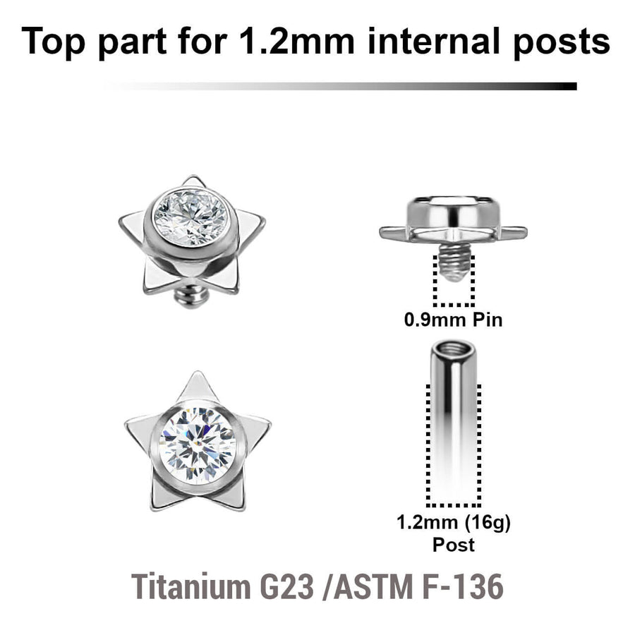 Pack of 5 high polished titanium Internally threaded labret tops in a flat star shape with a single bezel set central crystal