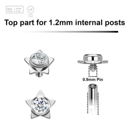 Pack of 5 high polished titanium Internally threaded labret tops in a flat star shape with a single bezel set central crystal - G23 ASTM F-136 implant grade titanium body jewelry