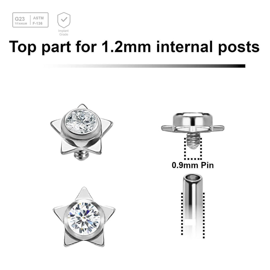 Pack of 5 high polished titanium Internally threaded labret tops in a flat star shape with a single bezel set central crystal - G23 ASTM F-136 implant grade titanium body jewelry