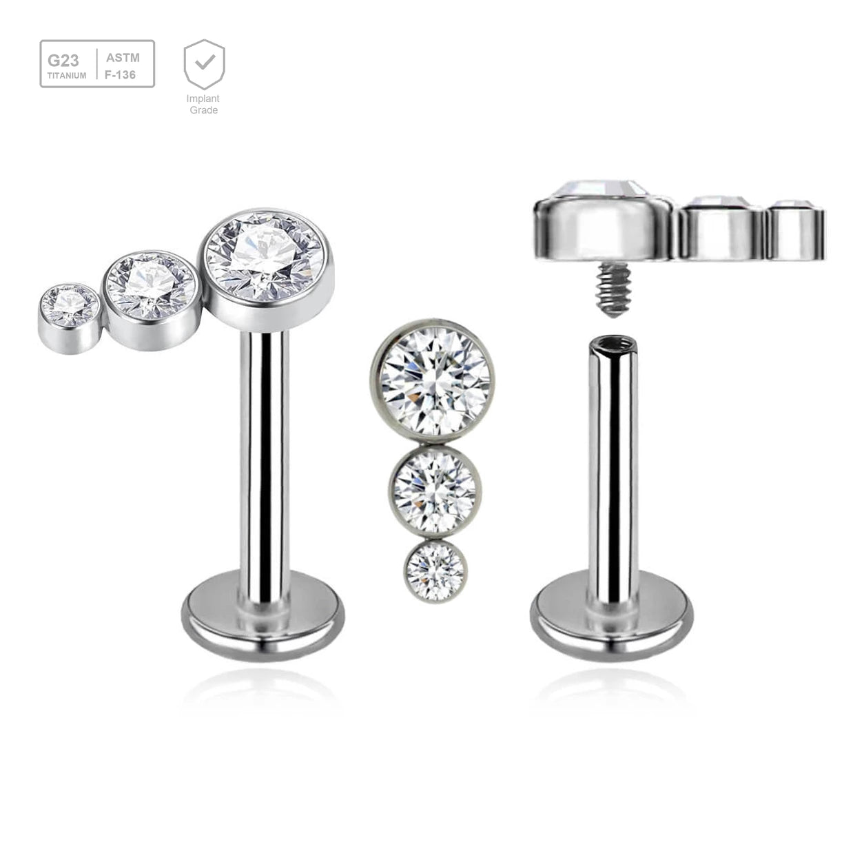 Pack of 5 high polished titanium internally threaded labrets, Thickness 1.2mm, with a top with 3 small round disk with bezel set crystals - G23 ASTM F-136 implant grade titanium body jewelry
