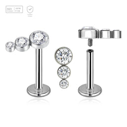 Pack of 5 high polished titanium internally threaded labrets, Thickness 1.2mm, with a top with 3 small round disk with bezel set crystals - G23 ASTM F-136 implant grade titanium body jewelry