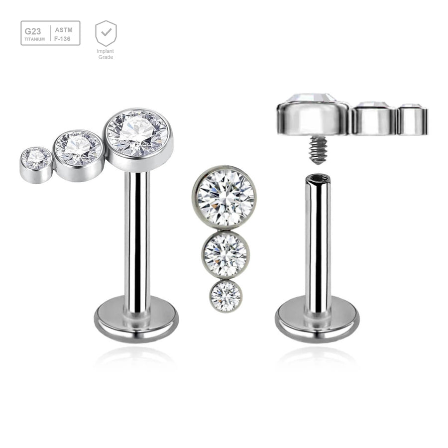 Pack of 5 high polished titanium internally threaded labrets, Thickness 1.2mm, with a top with 3 small round disk with bezel set crystals - G23 ASTM F-136 implant grade titanium body jewelry