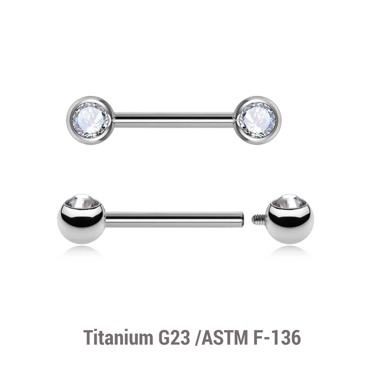 Pack of 5 high polished titanium internally threaded nipple barbells with 5mm forwarding facing bezel set crystal balls, thickness 1.6mm