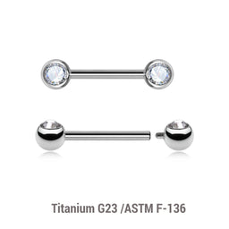 Pack of 5 high polished titanium internally threaded nipple barbells with 5mm forwarding facing bezel set crystal balls, thickness 1.6mm