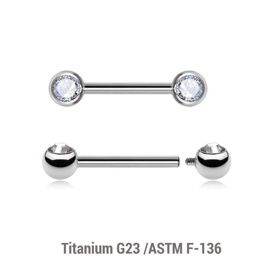 Pack of 5 high polished titanium internally threaded nipple barbells with 5mm forwarding facing bezel set crystal balls, thickness 1.6mm